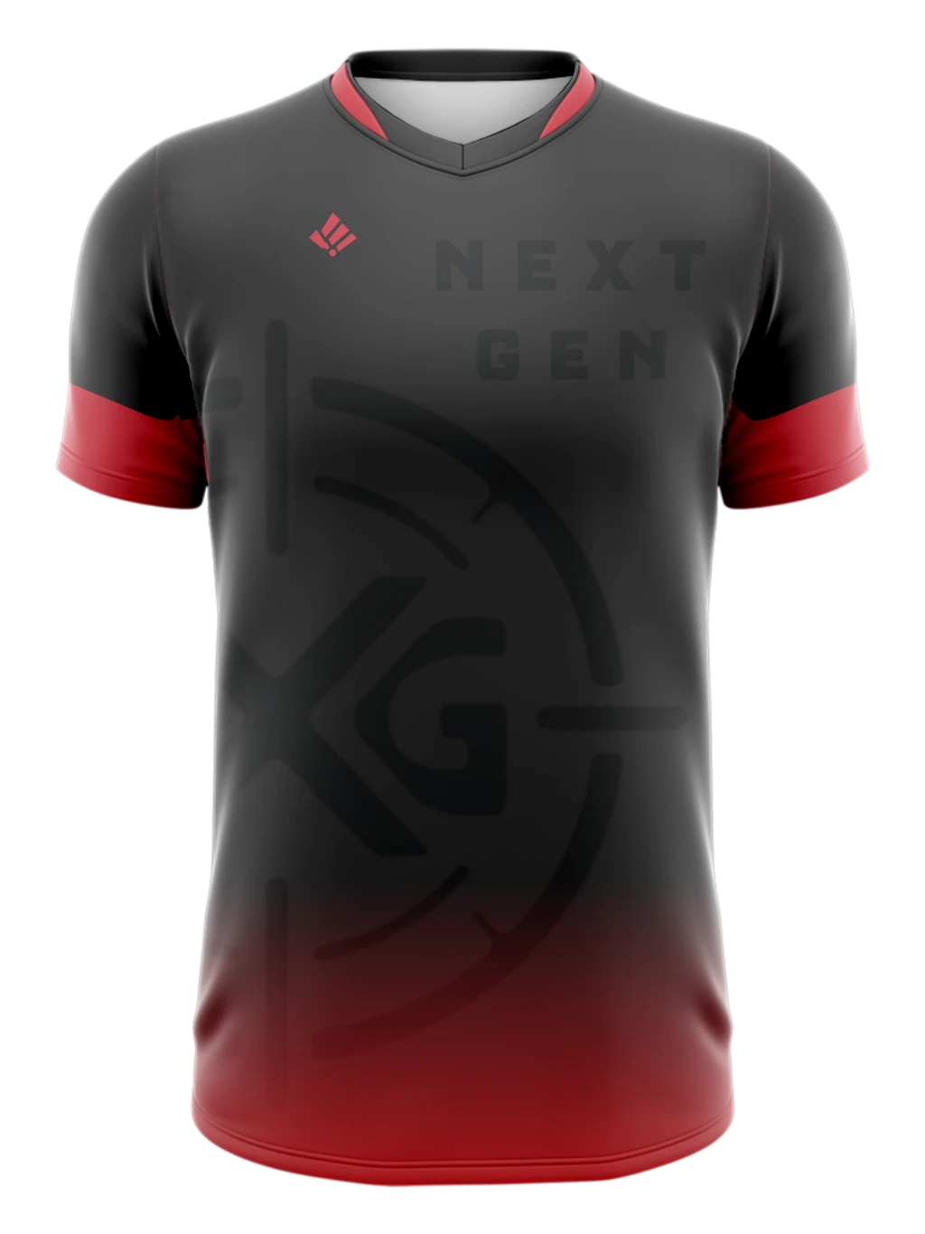 Official black NXG esports jersey with red sleeves and a red gradient hem