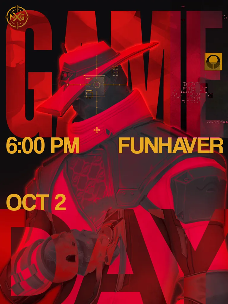 NXG game-day poster: VALORANT, Funhaver, 2 October, 6:00 PM