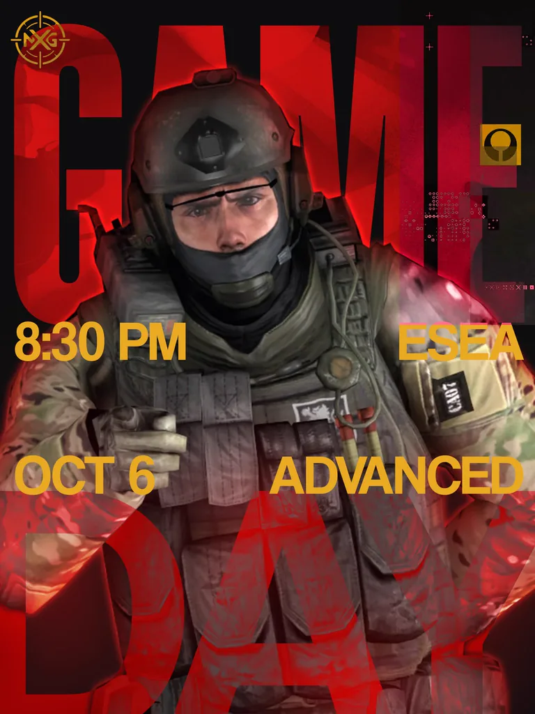 NXG game-day poster: Counter-Strike 2, ESEA Advanced, 6 October, 8:30 PM