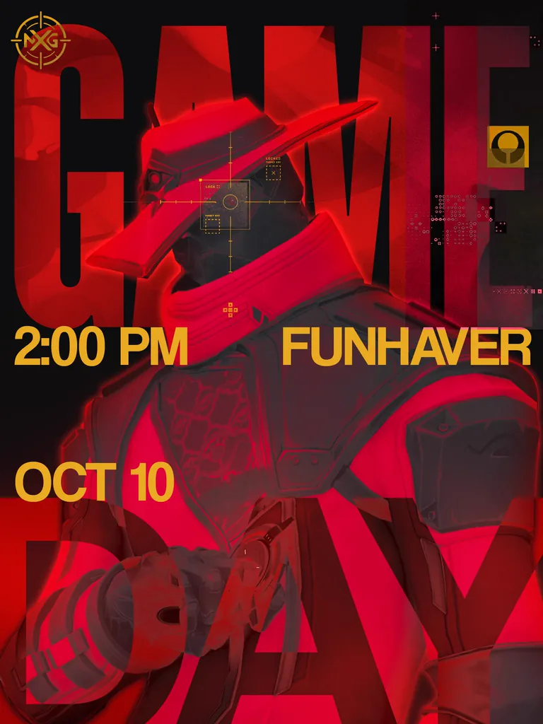 NXG game-day poster: VALORANT, Funhaver, 10 October, 2:00 PM